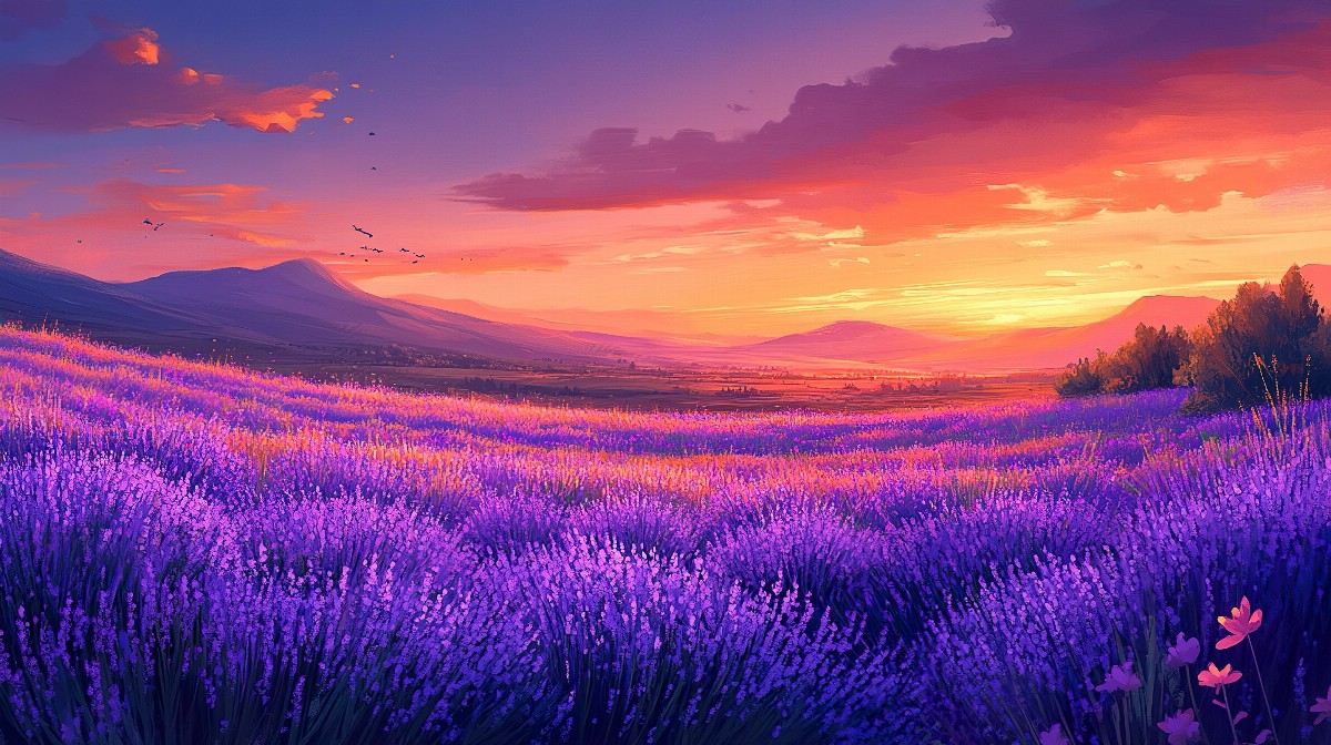 Lavender fields stretching into the distance with a colorful sunset sky.