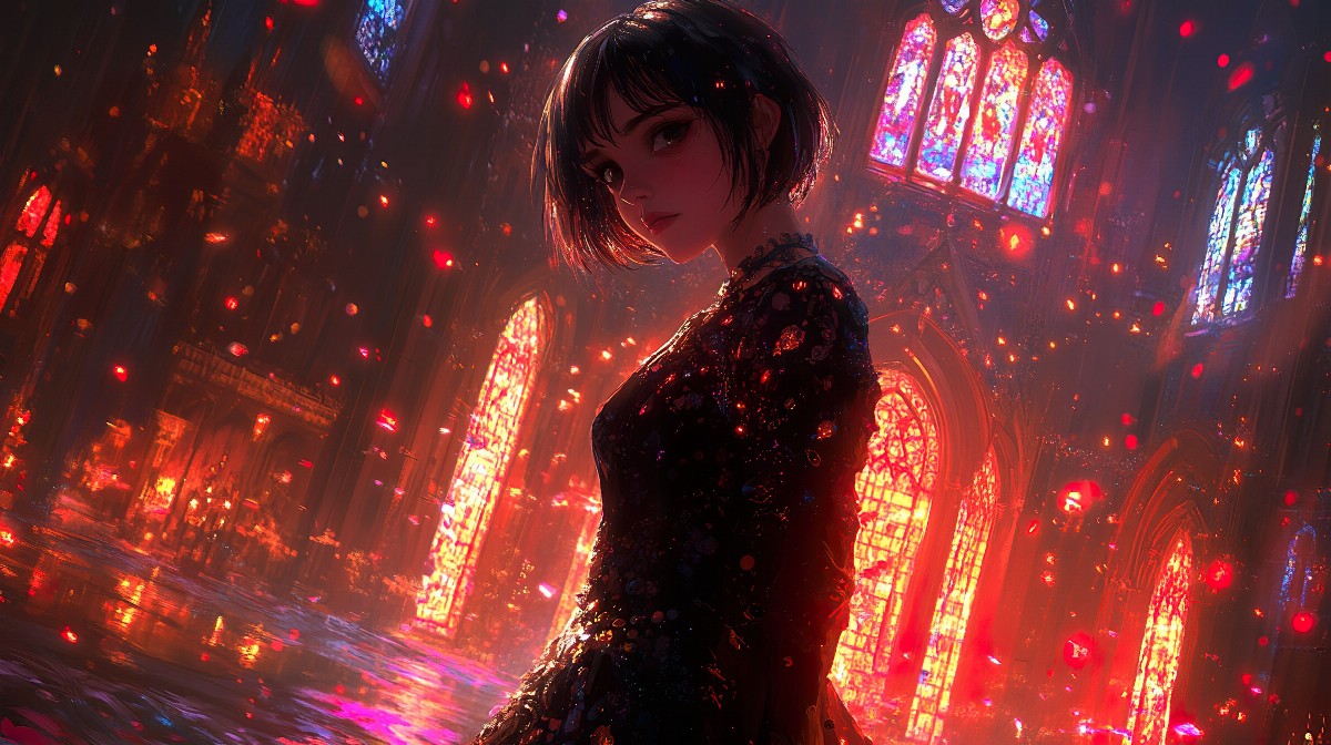 Anime princess in a black gown standing in a cathedral with stained glass windows.