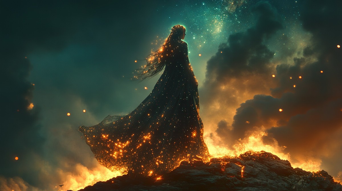 Silhouette of a girl with starry hair standing on a fiery landscape.