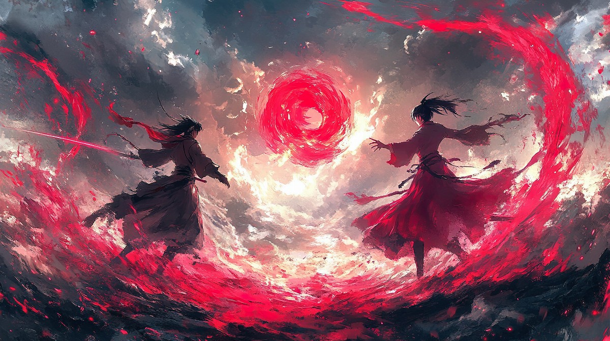 Two anime warriors in a dramatic battle scene with swirling red energy.