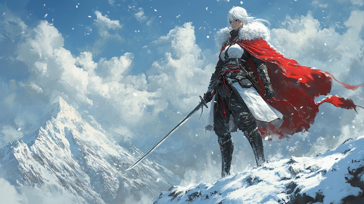 Anime character in a fur-lined cloak with a sword on a snowy mountain.