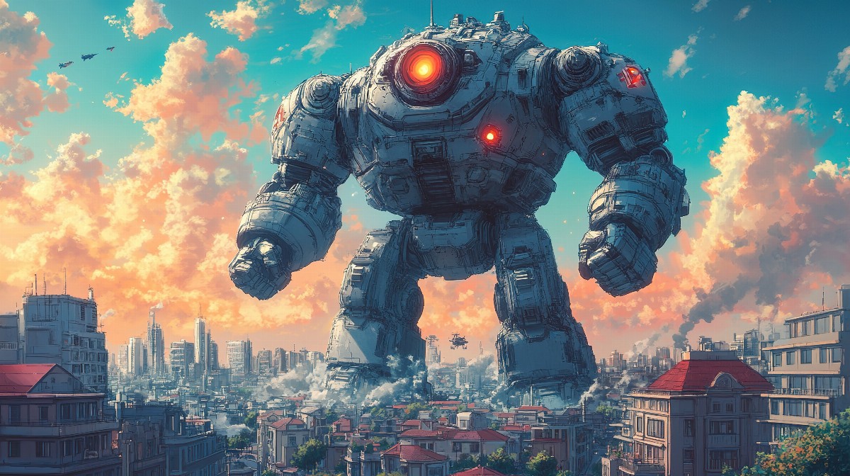 A giant mecha robot in a city with a futuristic skyline and vibrant sky.