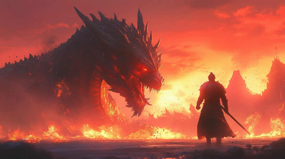 Samurai warrior with a katana facing a large dragon in a fiery landscape.