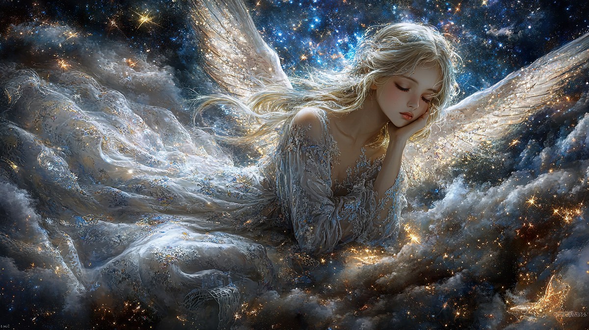 Angelic figure with flowing golden hair and wings in a starry sky.