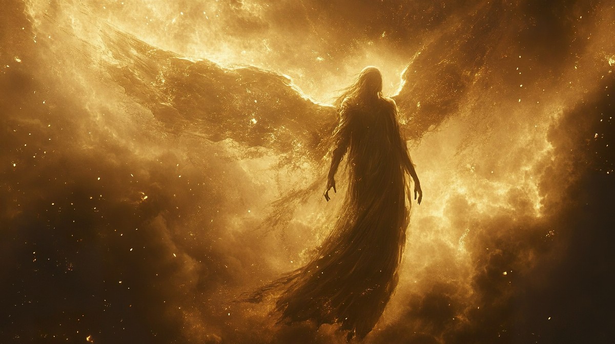 Angelic figure with flowing golden hair hovering in golden light.