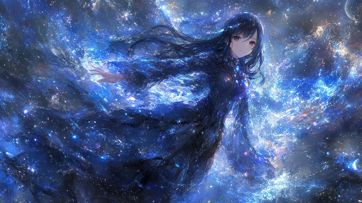 Anime girl in a futuristic space suit floating in a galaxy.