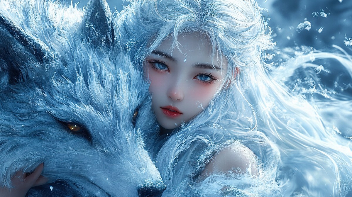 Anime goddess with radiant skin and a mystical wolf in a snowy setting.