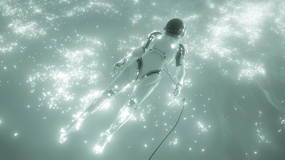Astronaut in a white suit floating among glowing particles in space.