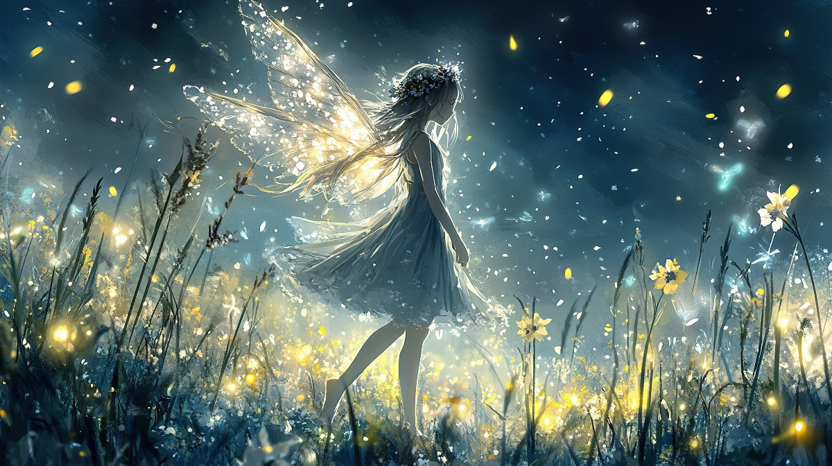 Illustration of a fairy with delicate wings in a moonlit meadow.