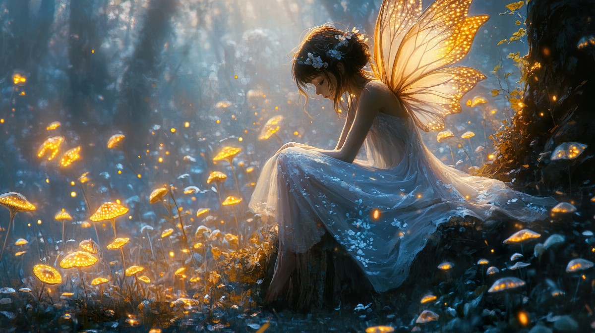 A fairy with delicate wings sitting in a forest surrounded by glowing mushrooms.
