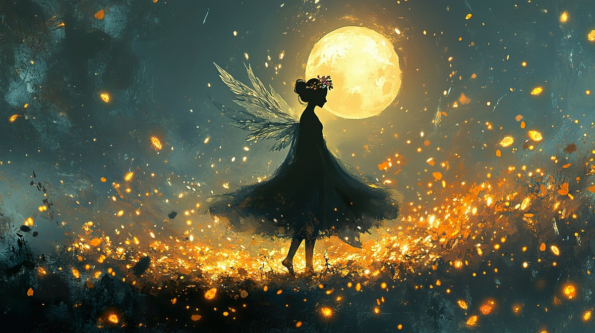 Silhouette of a fairy with wings under a full moon surrounded by glowing embers.