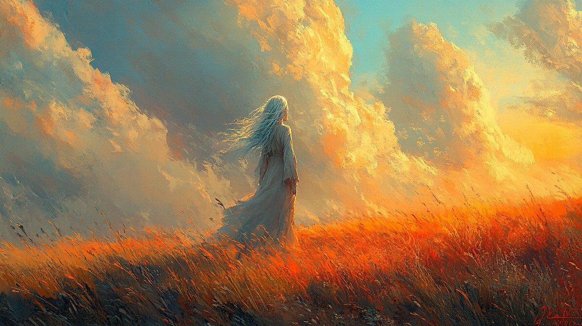 A girl with silver hair stands in a field with dramatic clouds and sunset.