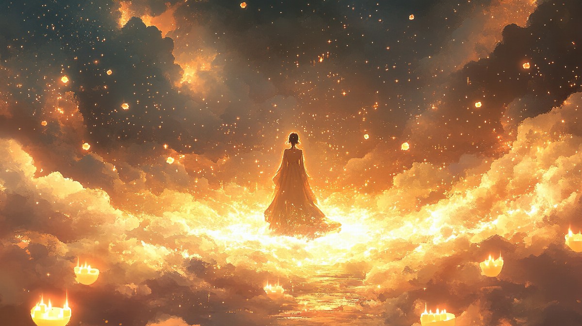 Illustration of a girl in a golden gown surrounded by glowing clouds and stars.