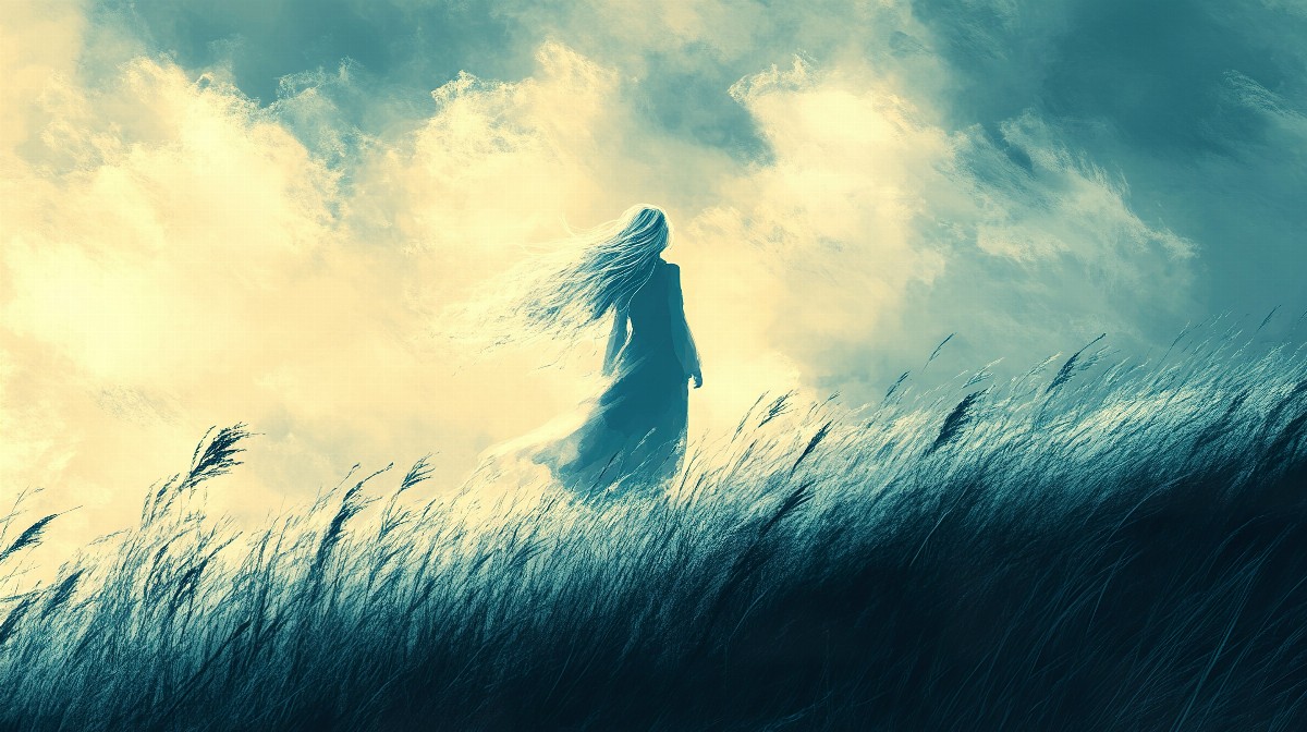 Illustration of a girl with silver hair standing in a windswept field.