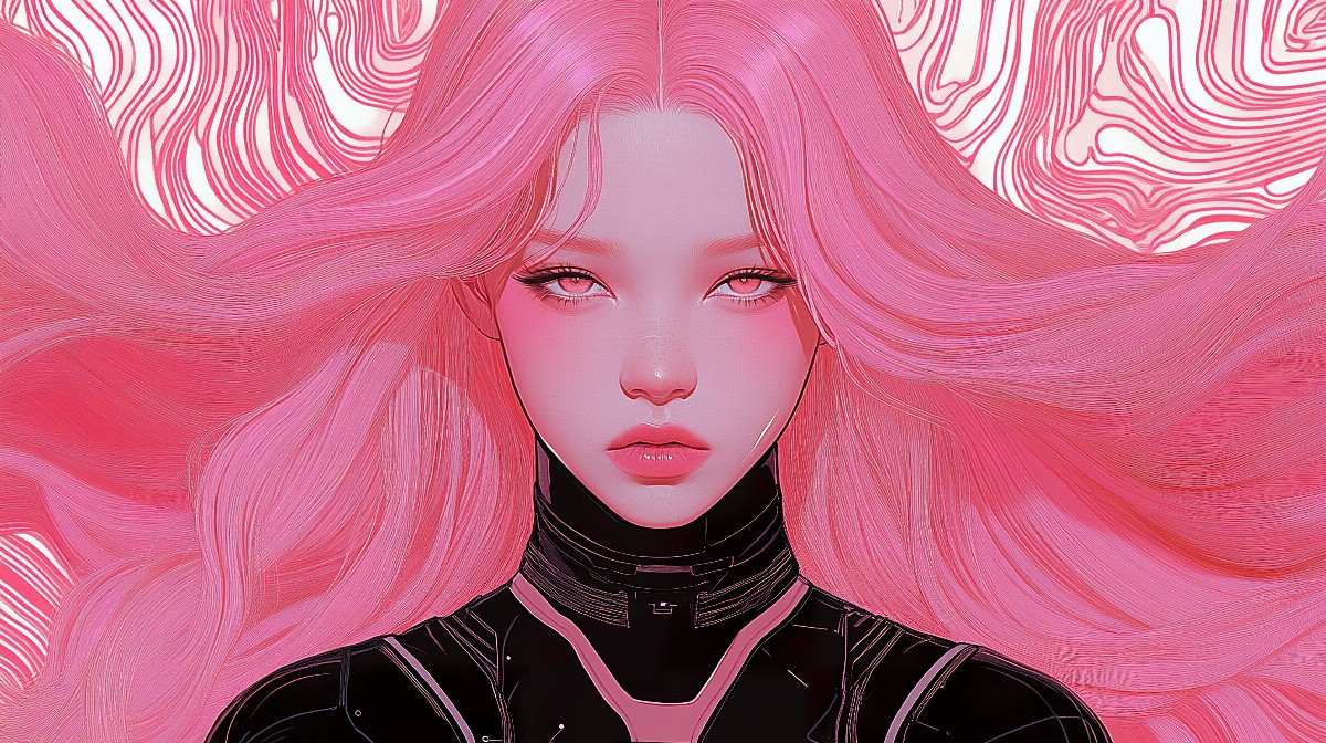 Illustration of a girl with flowing pastel pink hair and a futuristic outfit.