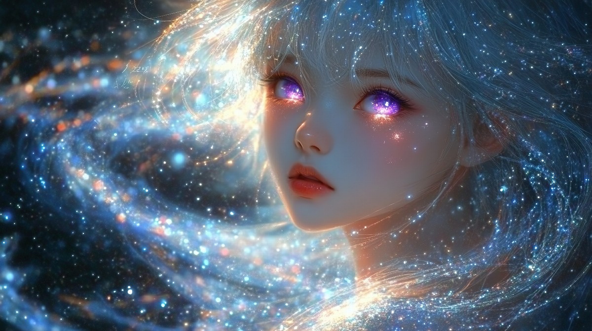 Illustration of a girl with silver hair and glowing violet eyes surrounded by stars.