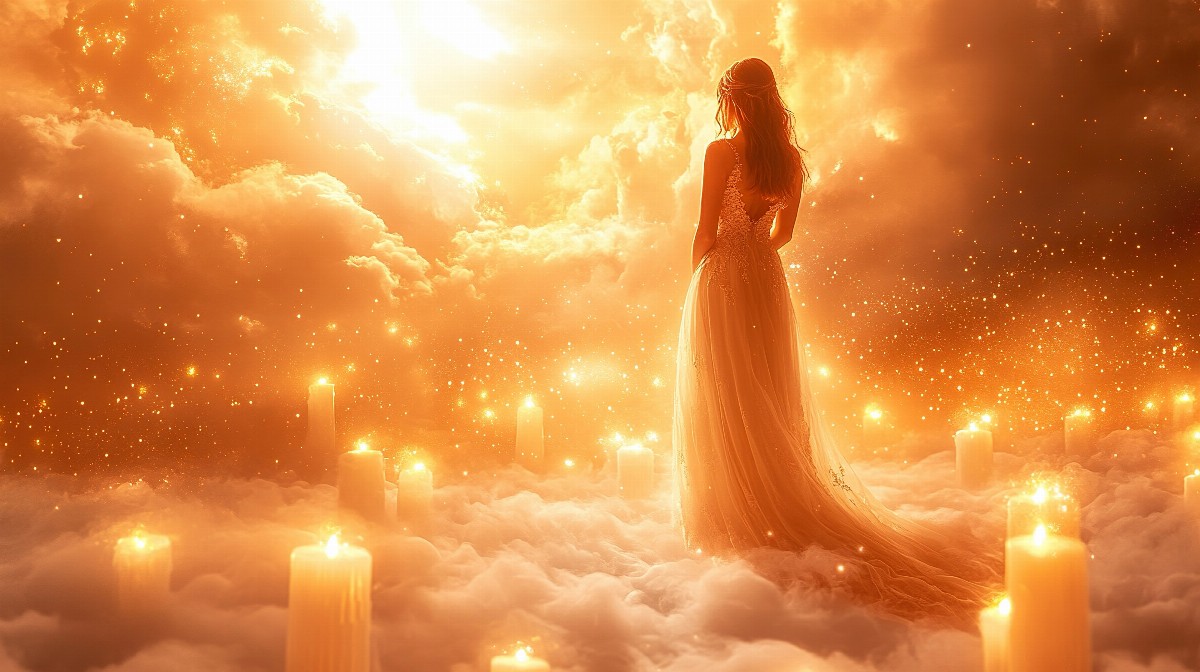 A girl in a golden gown stands among glowing candles and clouds.