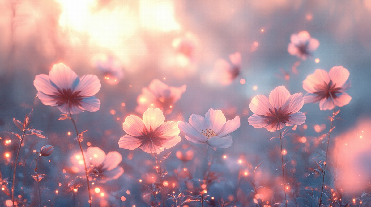 Delicate pink and white cosmos flowers glowing in a dreamy dusk setting.
