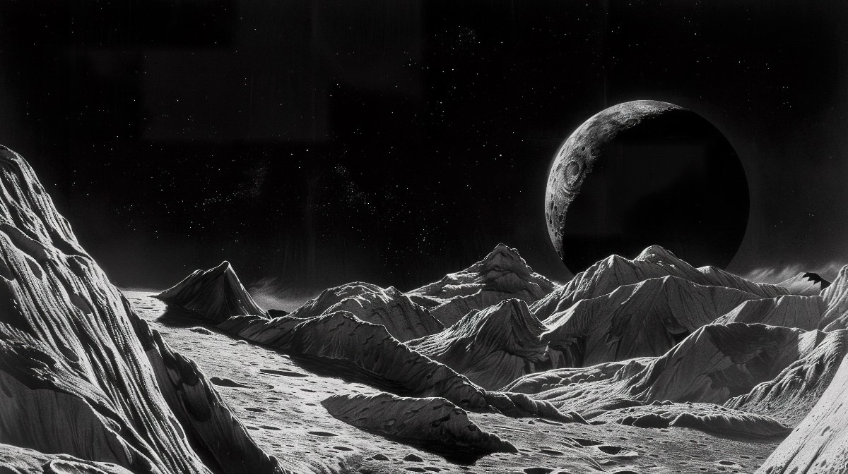 Lunar surface with distant planet view