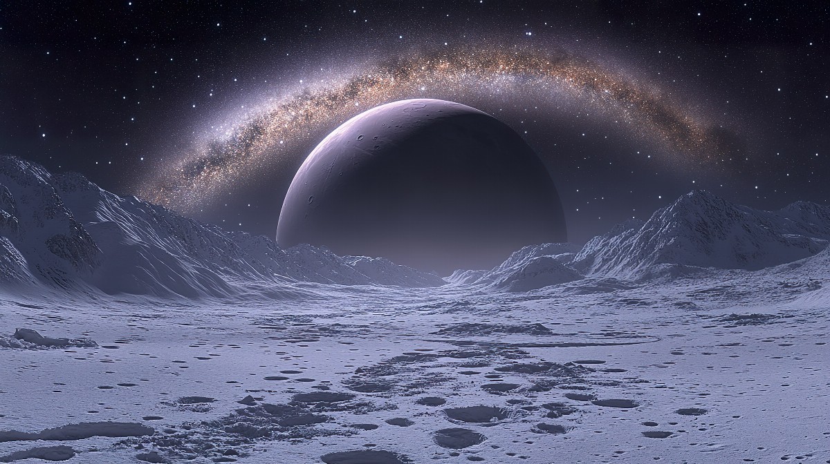Cratered moon surface with a distant planet and starry sky.