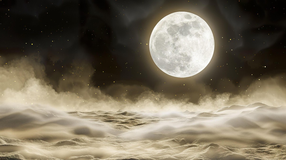Moonlit mist over barren landscape