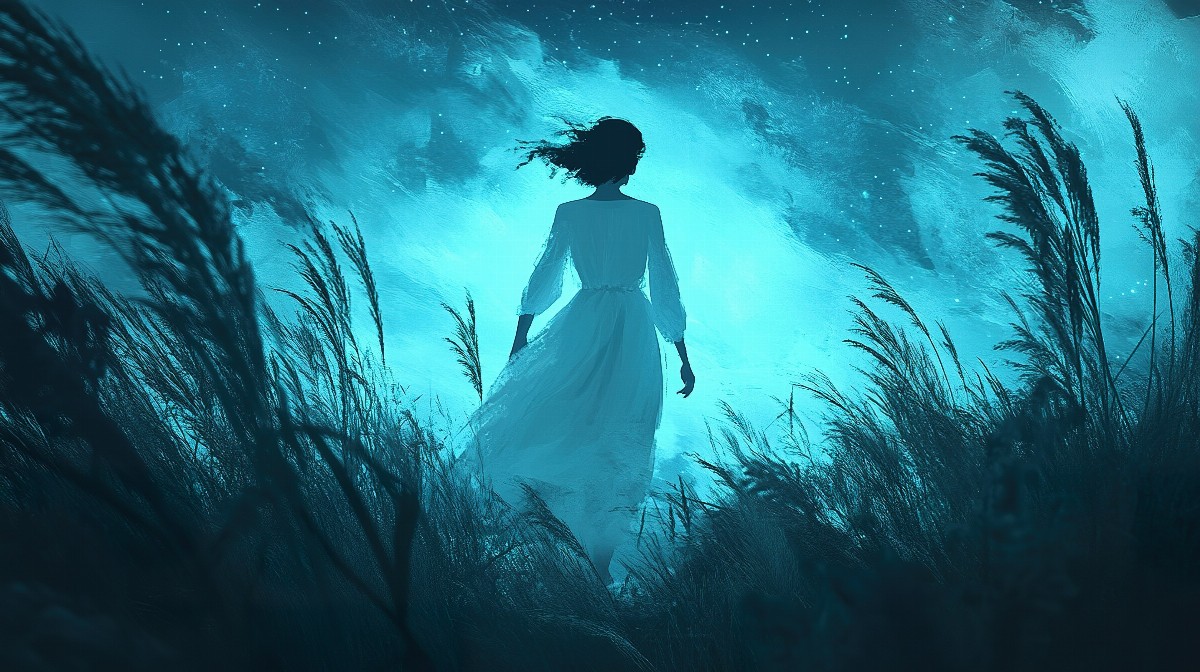 Silhouette of a girl in a white dress walking through a field at night.