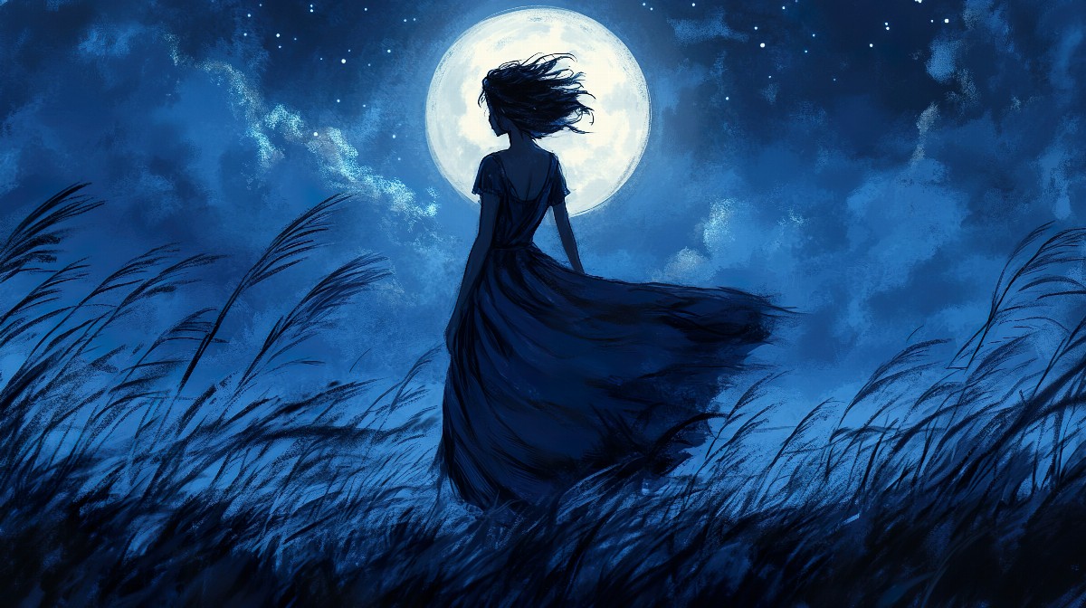 Silhouette of a girl in a dress walking under a full moon in a field.
