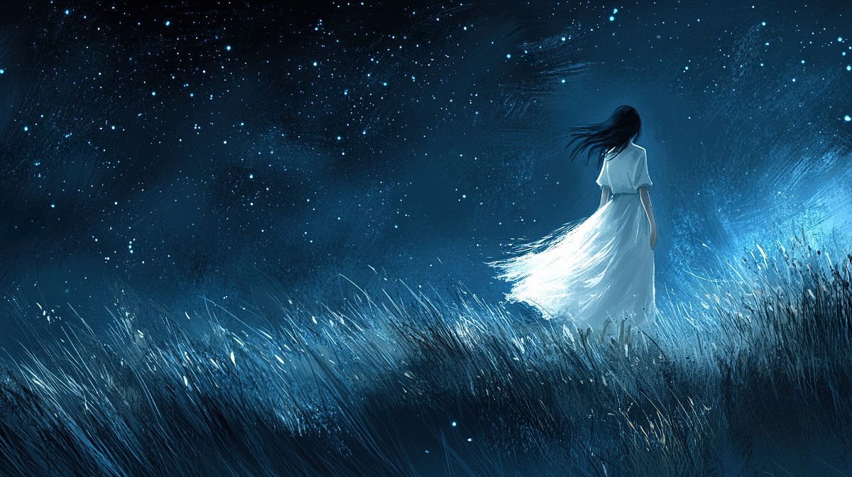 Illustration of a girl in a white dress walking through a field under a starry night sky.