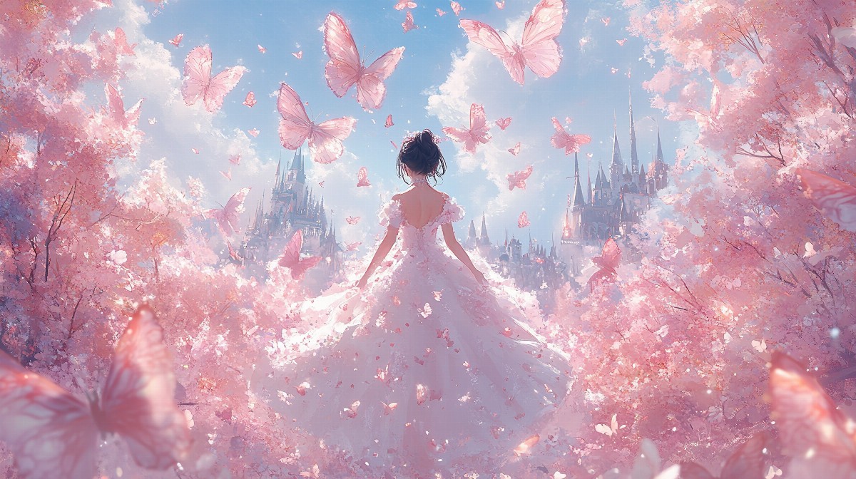 Anime girl in a princess gown surrounded by pink blossoms and butterflies.
