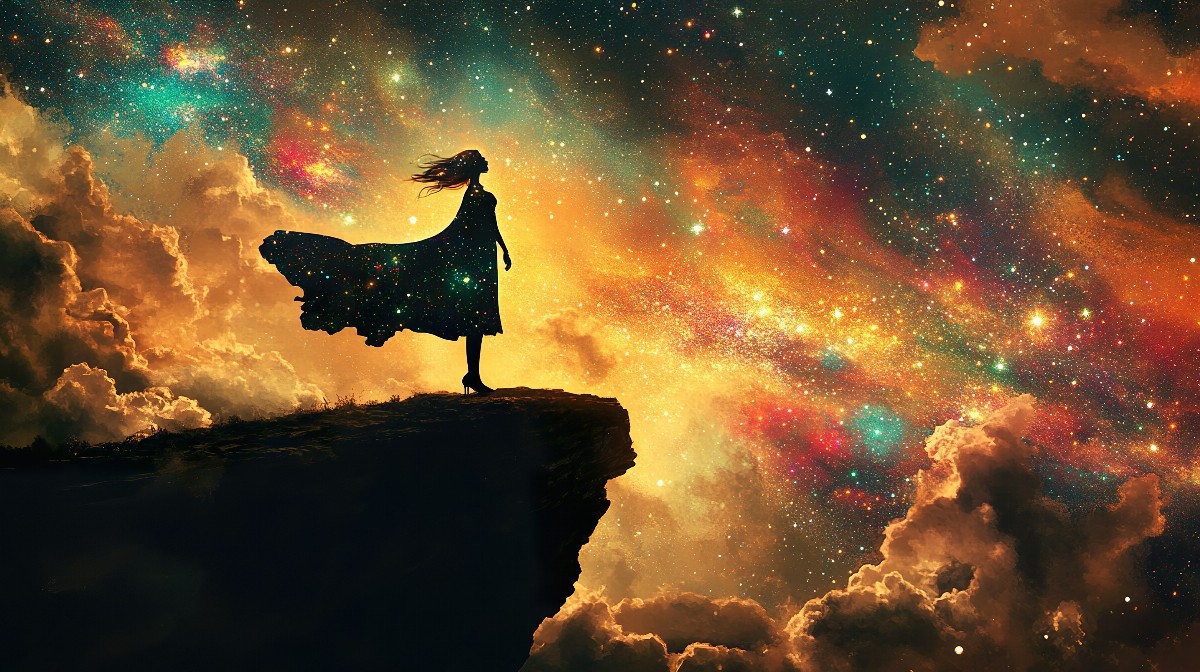 Silhouette of a girl with starry hair on a cliff under a colorful starry sky.