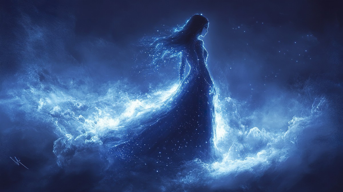 Silhouette of a girl with glowing hair in a mystical blue aura
