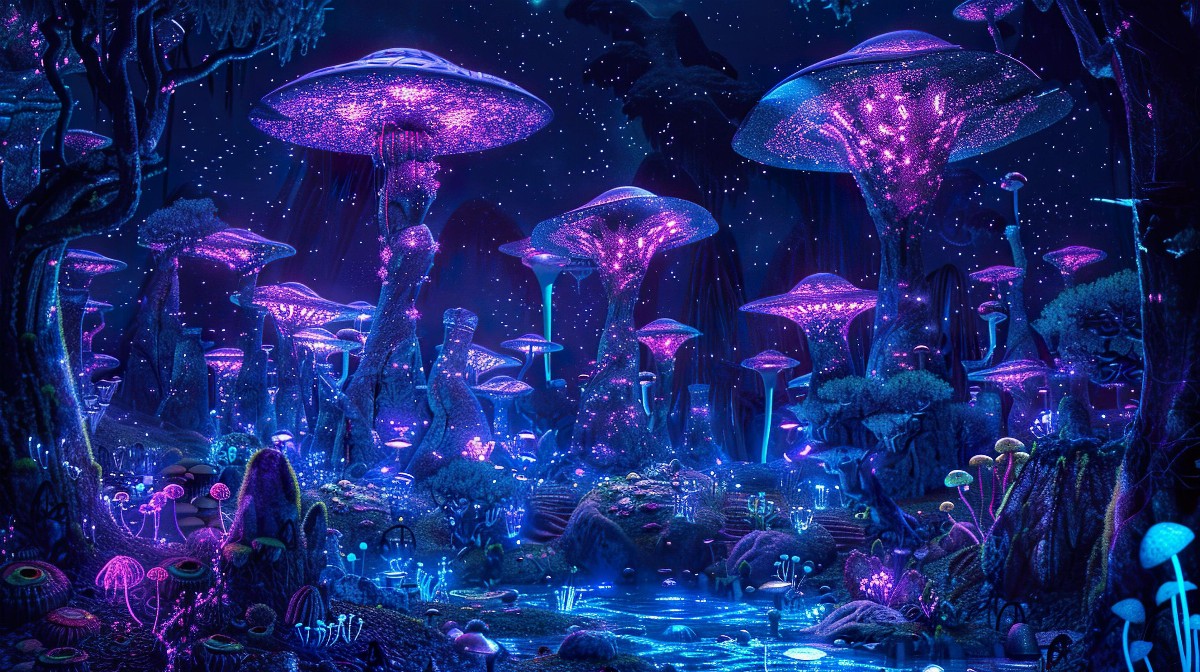 Glowing alien plants in a dark oasis