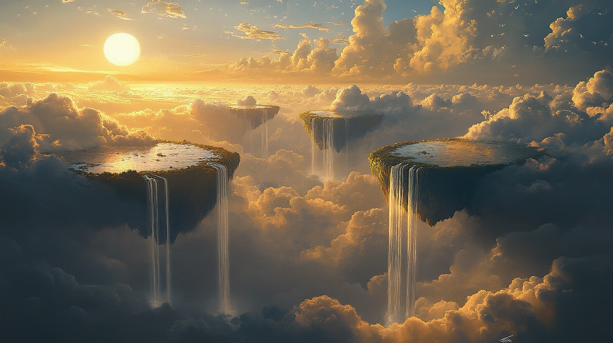 Floating islands with waterfalls in a sunset sky.