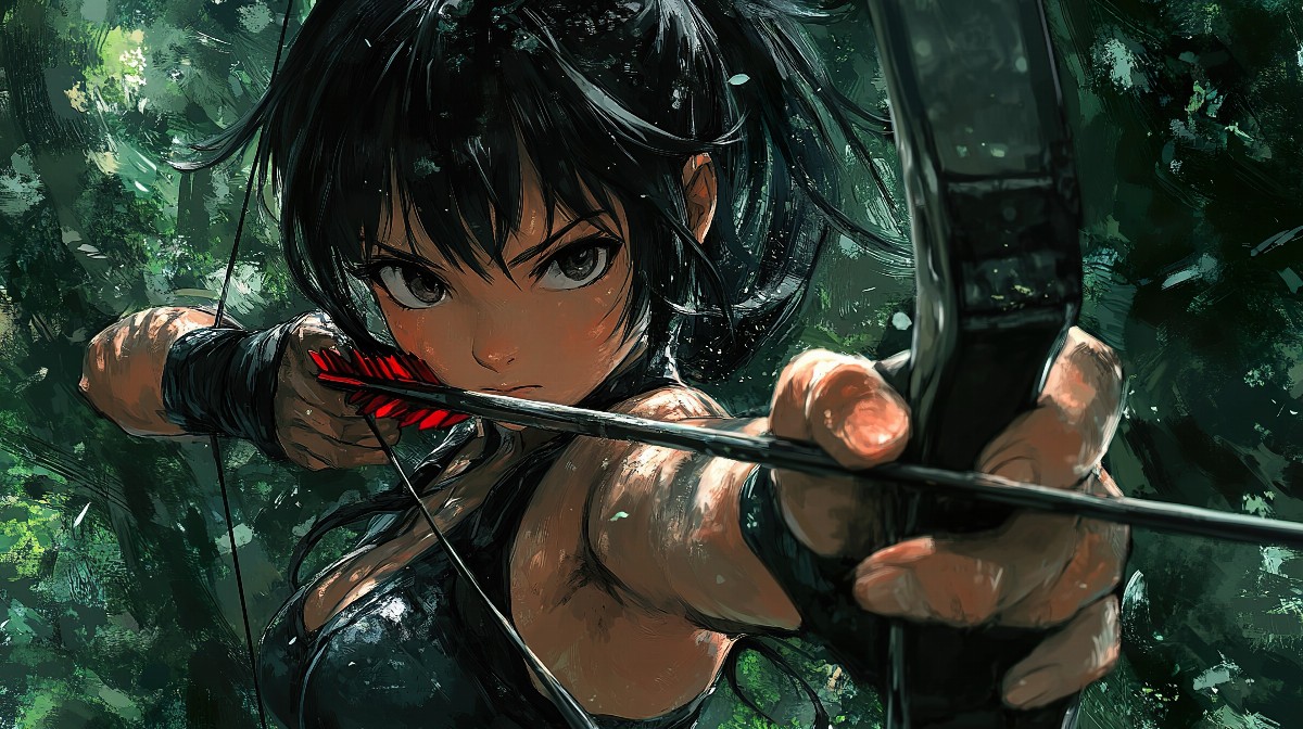 Anime girl with a bow drawn, standing in a green forest.