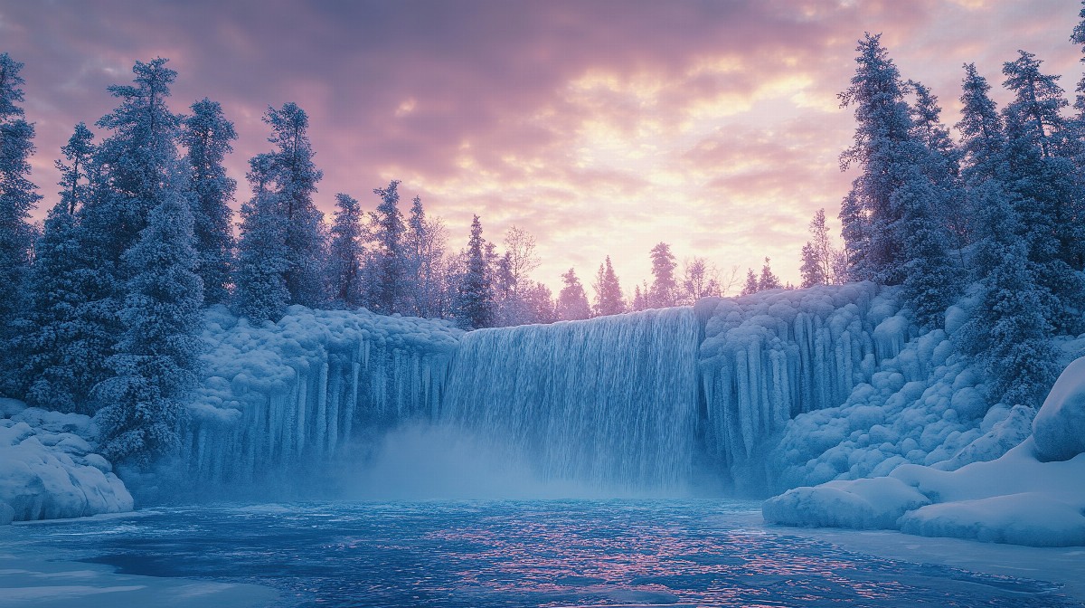 Frozen waterfall cascading down into a snowy landscape at dawn.