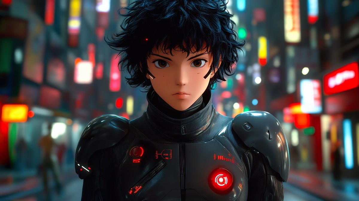 Anime character in a futuristic suit with neon city lights