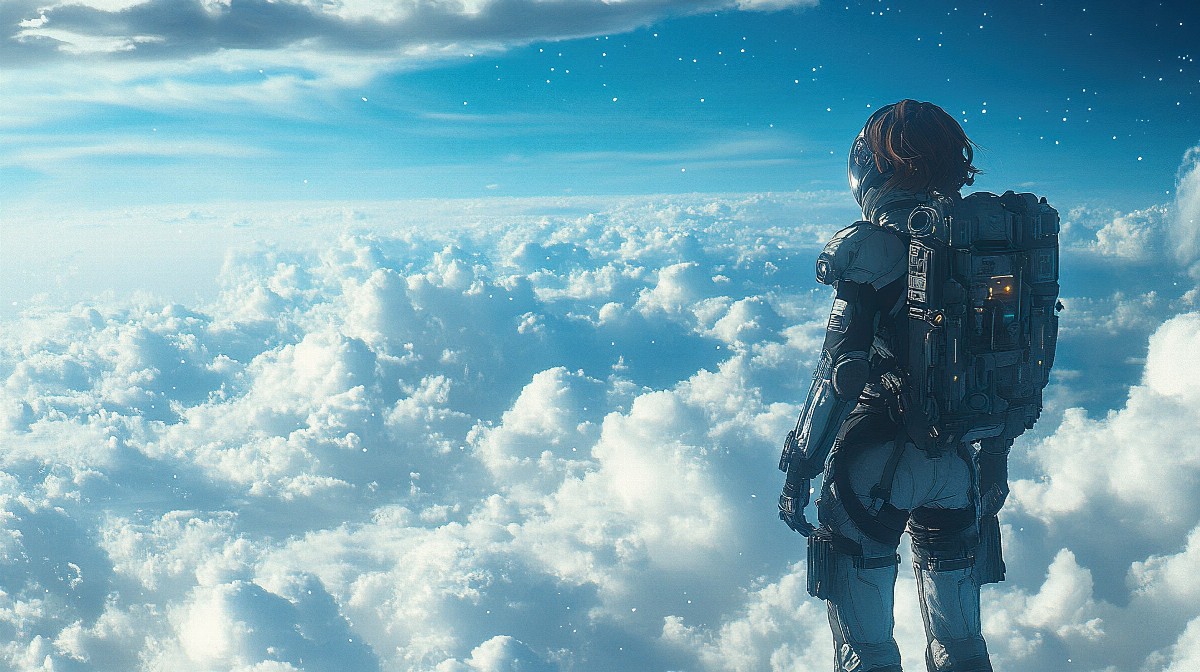 Anime girl in a futuristic space suit floating above clouds