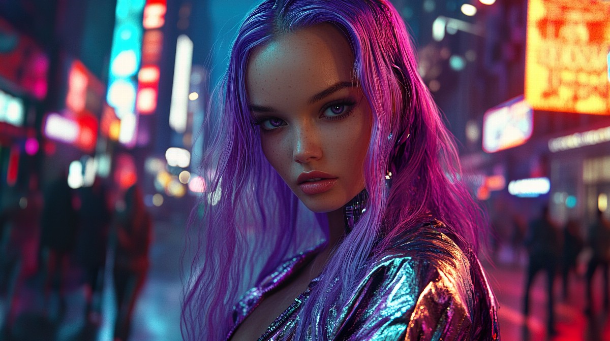 A girl with glowing violet hair and a futuristic outfit in a neon-lit city.
