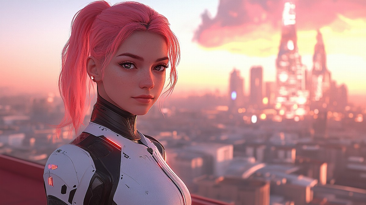 Illustration of a girl with neon pink hair in a futuristic cityscape.