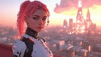 Futuristic Girl With Neon Pink Hair In Cityscape Wallpaper