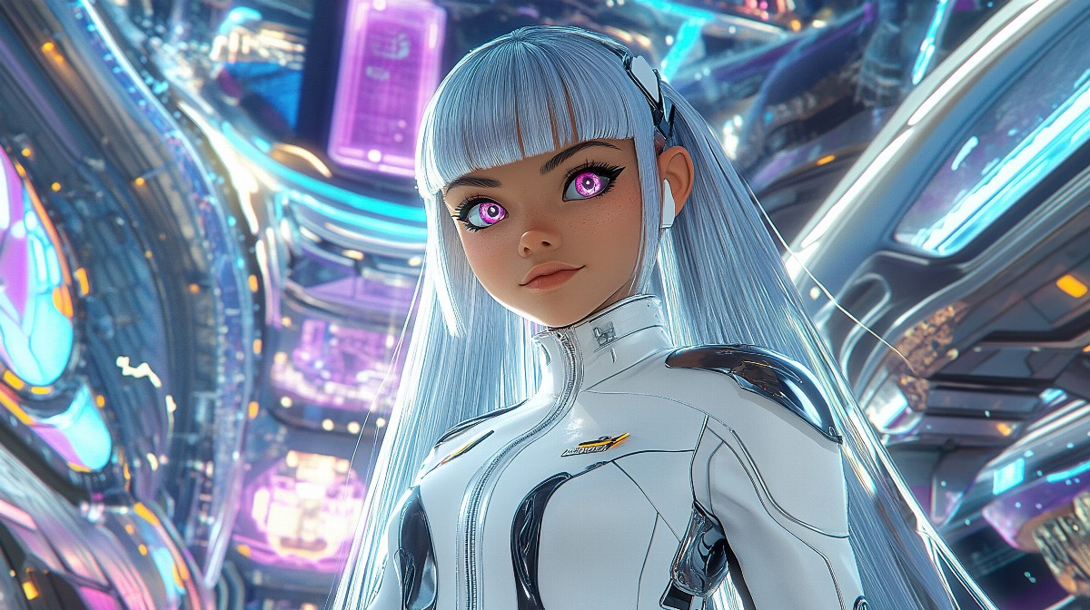Illustration of a girl with silver hair and glowing eyes in a futuristic setting.