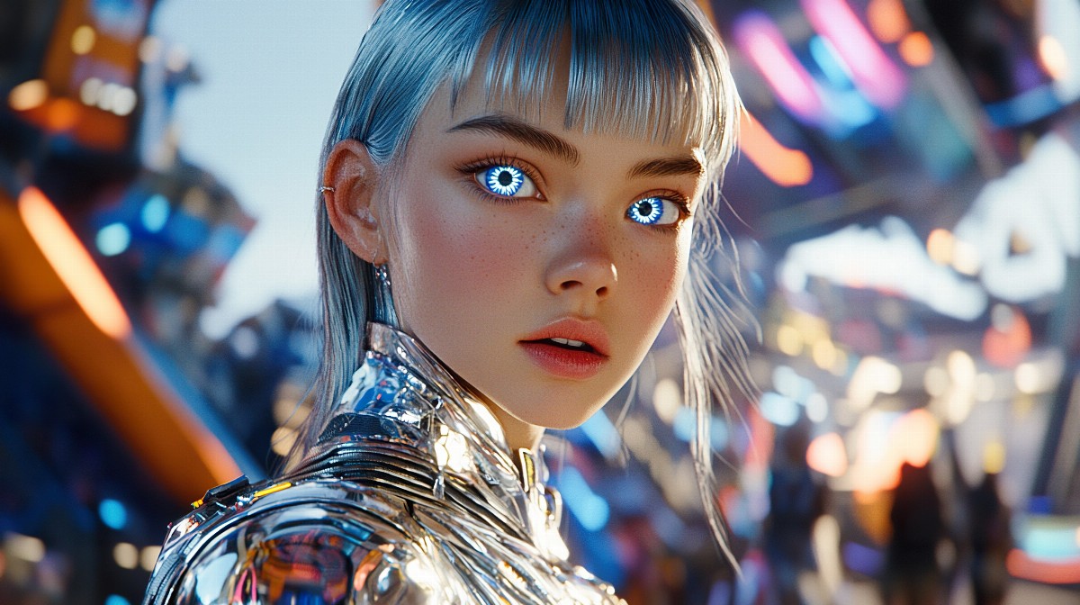 Illustration of a girl with silver hair and glowing eyes in a futuristic setting.