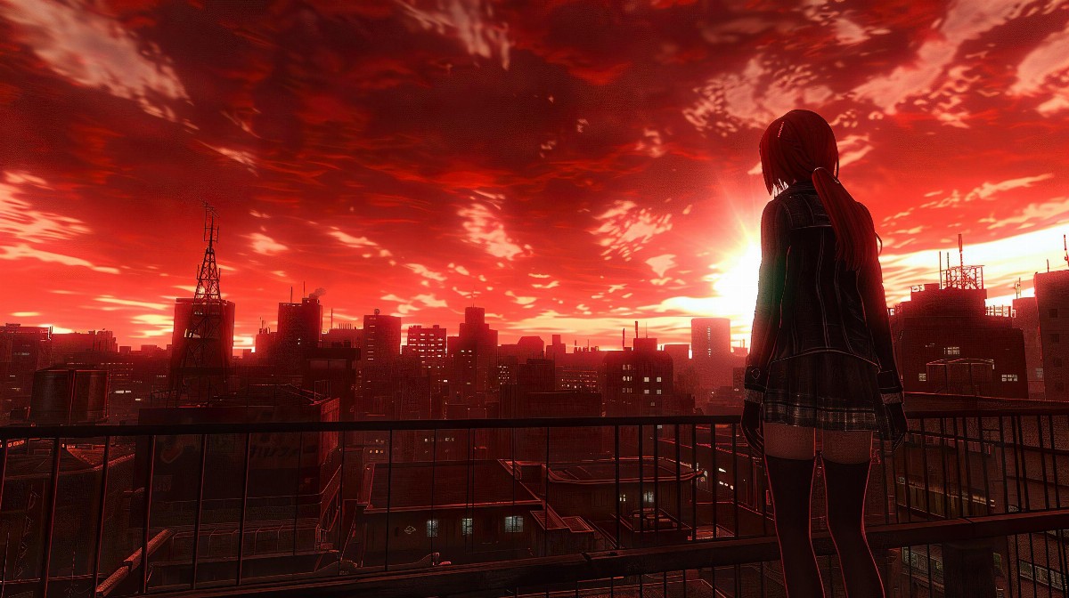 Futuristic city under red sky