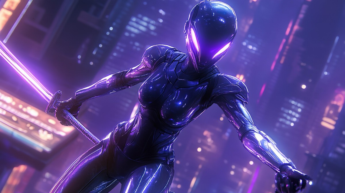 Anime character in high-tech samurai armor with a glowing sword in a neon-lit city.