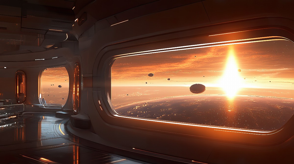 View from a futuristic space station window showing a sunrise over a planet.