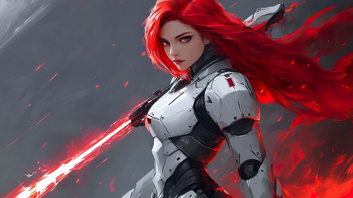 Anime warrior princess in futuristic armor with red hair and glowing sword.