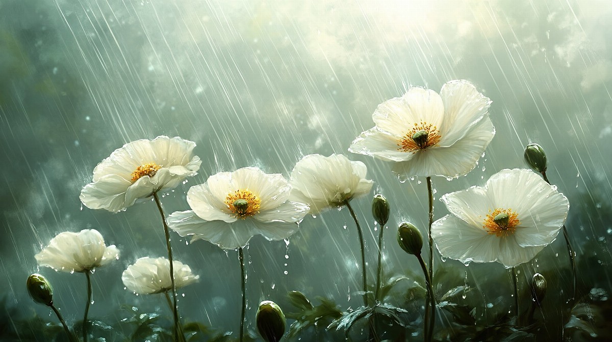 Painting of white poppies drooping under gentle rain.