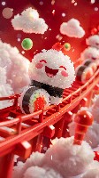 Giggling Rice Ball with Pink Cheeks Riding a Sushi Roll Cute Wallpaper