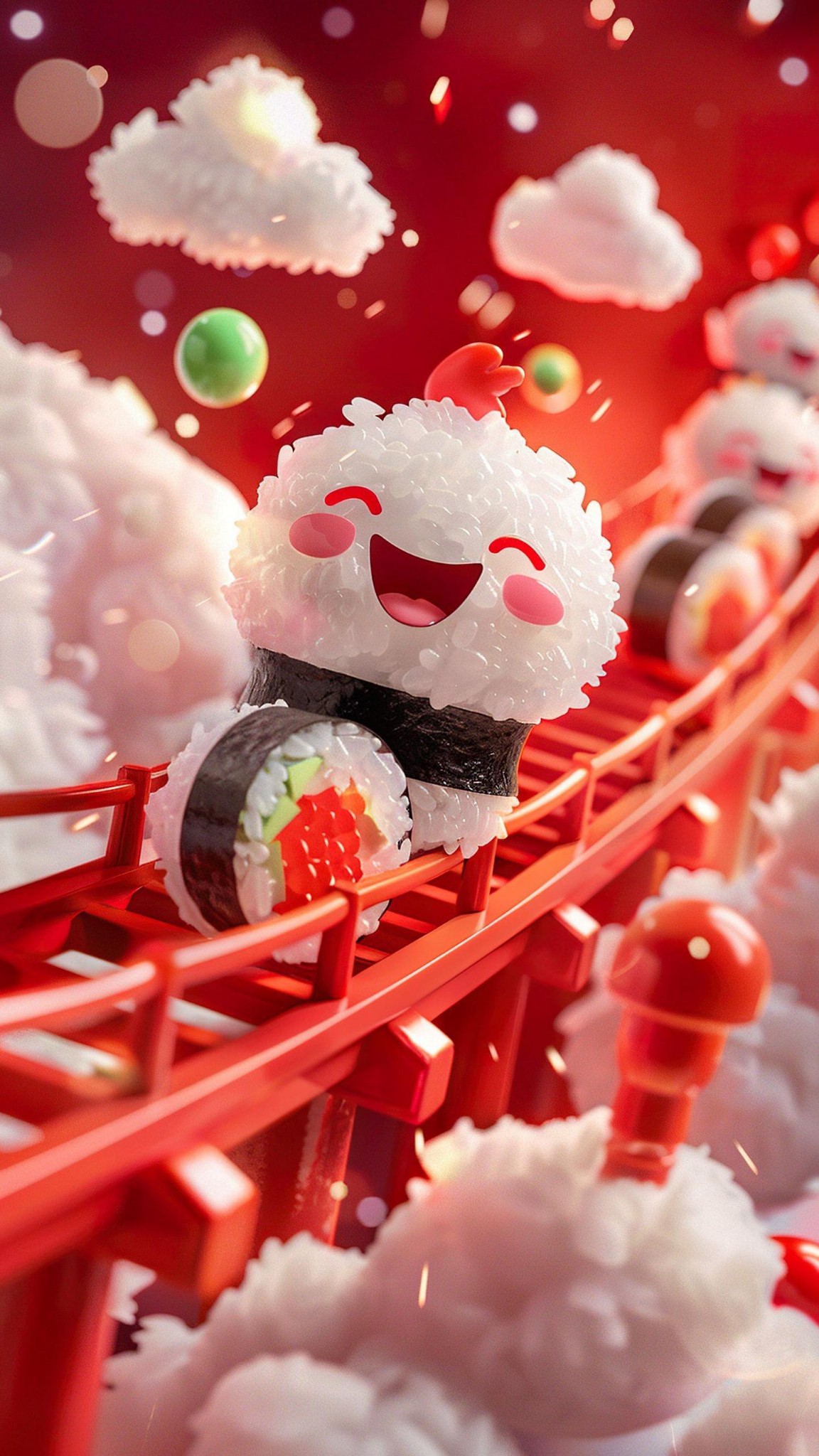 Giggling Rice Ball With Pink Cheeks Riding A Sushi Roll Cute Wallpaper