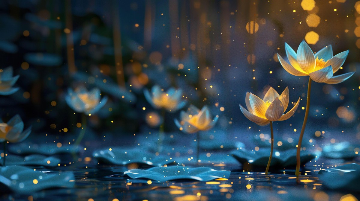 Glowing alien flowers in dark setting